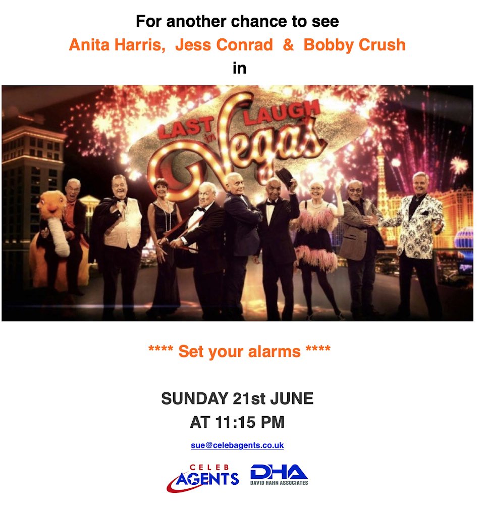 sueehahn's tweet photo. SUNDAY 21ST YOU CAN SEE OUR VERY OWN- 
ANTIA HARRIS, JESS CONRAD &amp; BOBBY CRUSH STARRING IN ‘LAST LAUGH IN VEGAS’ 🎰

#celebagents #lastlaughinvegas #tv #entertainment #advertisingagency #showbiz #celebrities https://t.co/lxki5dYBNm