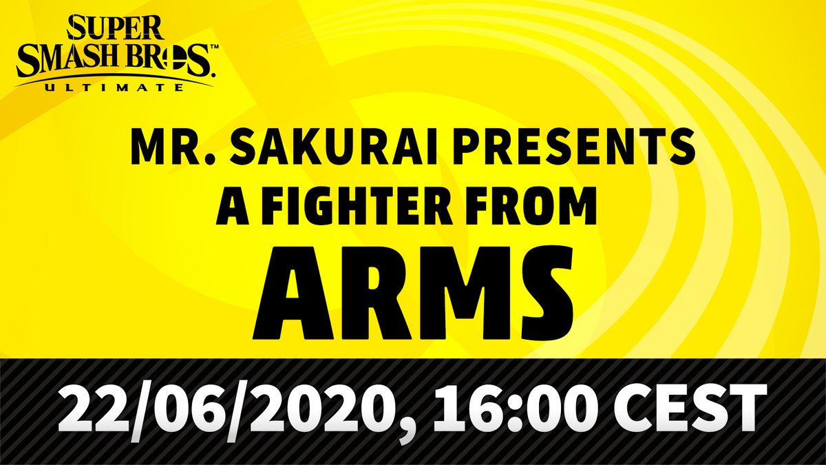 NintendoEurope's tweet photo. Join us next Monday at 16:00 CEST to find out which #ARMS fighter is joining Super #SmashBrosUltimate in a roughly 35 minute-long livestream from series director Masahiro Sakurai.

👉 https://t.co/rhPnOp89T8 https://t.co/rVLUXJACrk