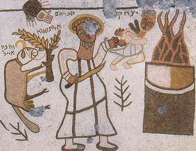 You will notice that there appears to be a child on an altar, as Abraham looks away, at a Ram whose horns are caught in a thicket. The image is similar to the synagogue frescoes in Dura Europos in Syria, and to the Beit Alpha synagogue mosaic in Byzantine Palestine. 15