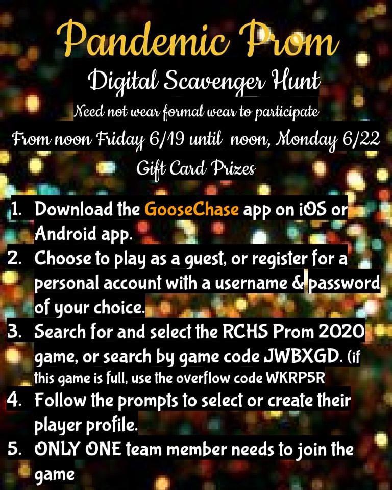 SENIORS:  Have some pre-graduation fun, no need to be in formal wear.  Gift cards are up for grabs for those with the most points. #RCHS2020strong