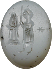 But here is the twist: this imagery is in fact more likely a reworking of a common motif on Sasanian coins and on some seals, in which a Zoroastrian priest flanks a fire altar, holding what appear to be barsom twigs, a ritual item. Perhaps both were made in the same shops. 16
