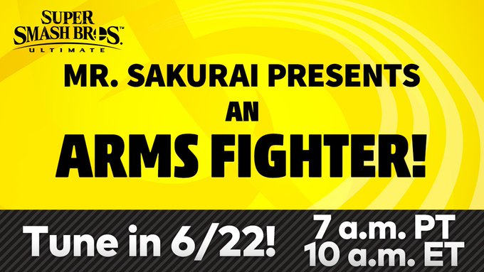 MailToadINTEL's tweet photo. Nintendo have confirmed that Masahiro Sakurai will be revealing which ARMS fighter will be joining #SmashBrosUltimate in a live stream on June 22!

Who do you think the new character will be? https://t.co/BS9q3calFA