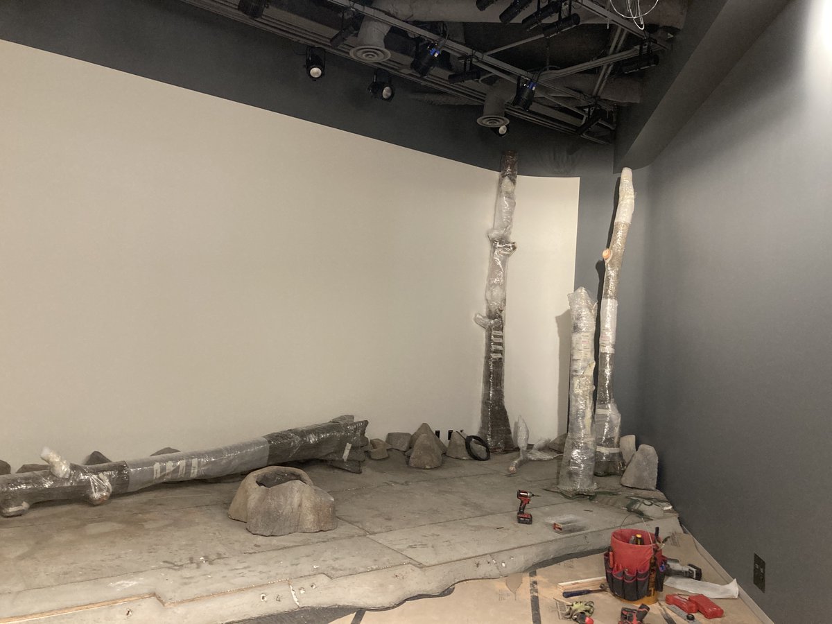 TrumanLibrary's tweet photo. More #TrumanTransformation progress! Exhibit fabricators have started installing parts of the exhibit galleries. These photos show the "rubble theater" to illustrate the damage to Europe after World War II; & the twisted, bare trees on the battlefields in the World War I theater. https://t.co/v1v9vmXhwT