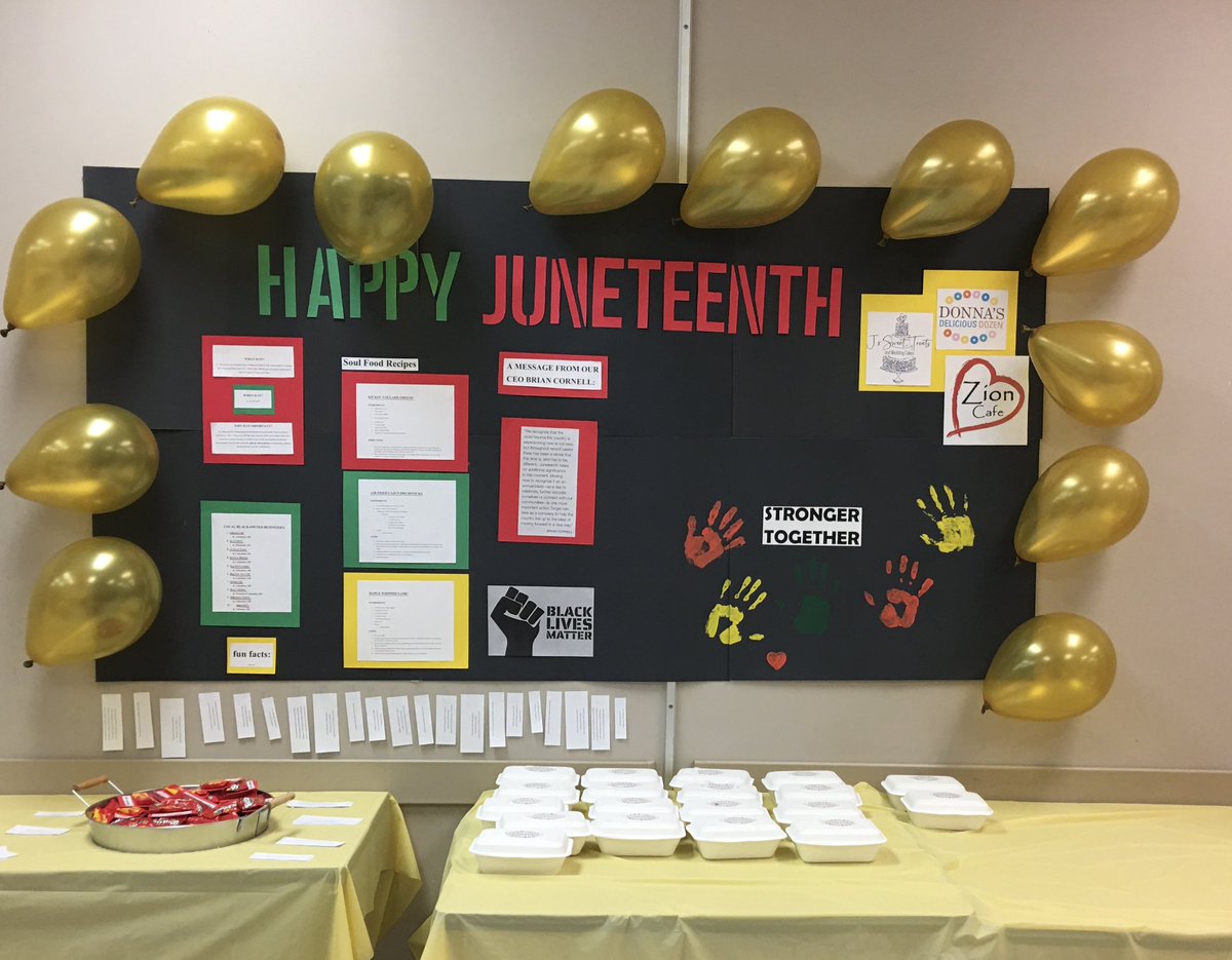 T1072 is proud to recognize Juneteenth as an official annual company holiday! Our VM Bri put together an awesome display to educate the team, and we have catering from some local Black-owned businesses! #juneteenth #worksomewhereyoulove #JUNETEENTH2020