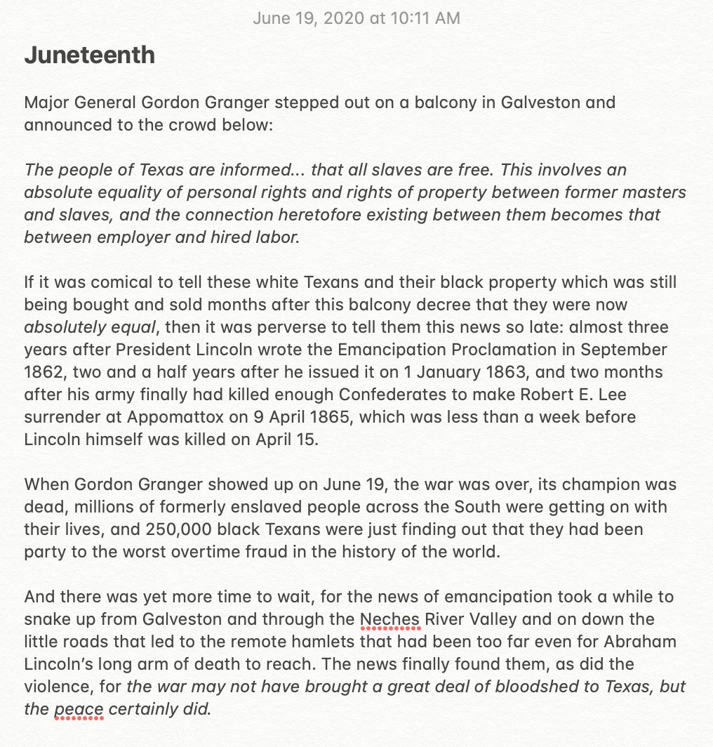 Some context on Juneteenth, which is a truly wild (even absurd) historical event: