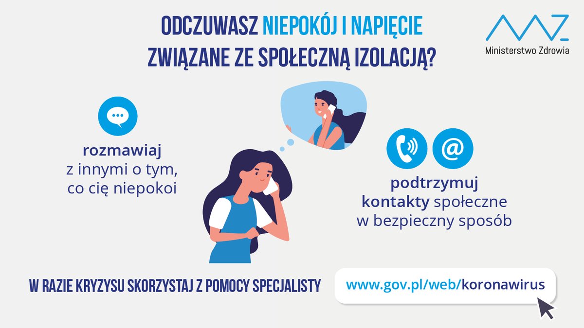 Odczuwasz niepokój i napięcie związane ze społeczną izolacją❓
🗣 rozmawiaj z innymi o tym, co Cię niepokoi
📞 podtrzymuj kontakty społeczne
🖥 w razie kryzysu skorzystaj z pomocy specjalisty 👉 gov.pl/koronawirus