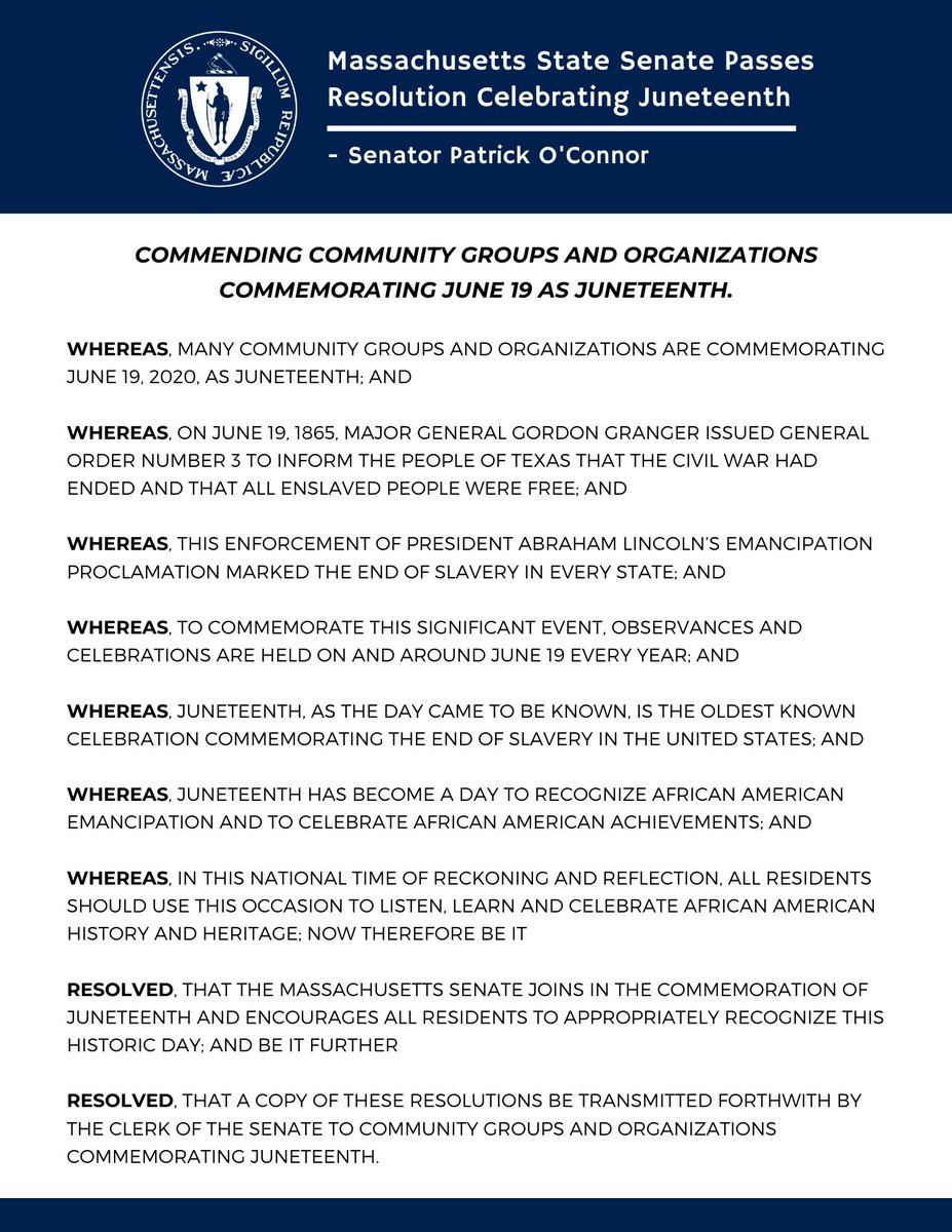 PatrickMOConnor's tweet image. The @MA_Senate passed a resolution commemorating June 19, 2020 as #Juneteenth - an unofficial holiday that celebrates June 19, 1865, the day when the remaining enslaved African Americans in the USA were told that they were free. All 40 members signed on the resolution. #mapoli