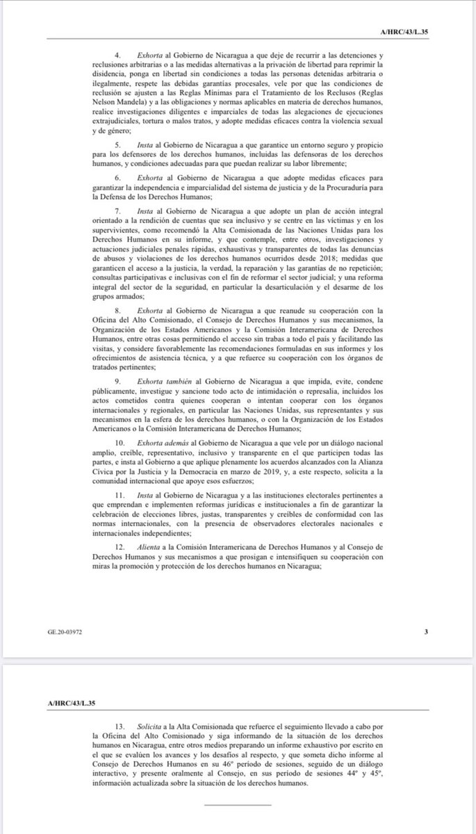 El Consejo de DDHH de la ONU #HRC43, adoptan resolución para Nicaragua, donde condenan las violaciones a los #DDHH y exigen las libertades plenas para los Nicaragüenses como también el desarme de paramilitares. #SOSNICARAGUA
#OACNUDH
