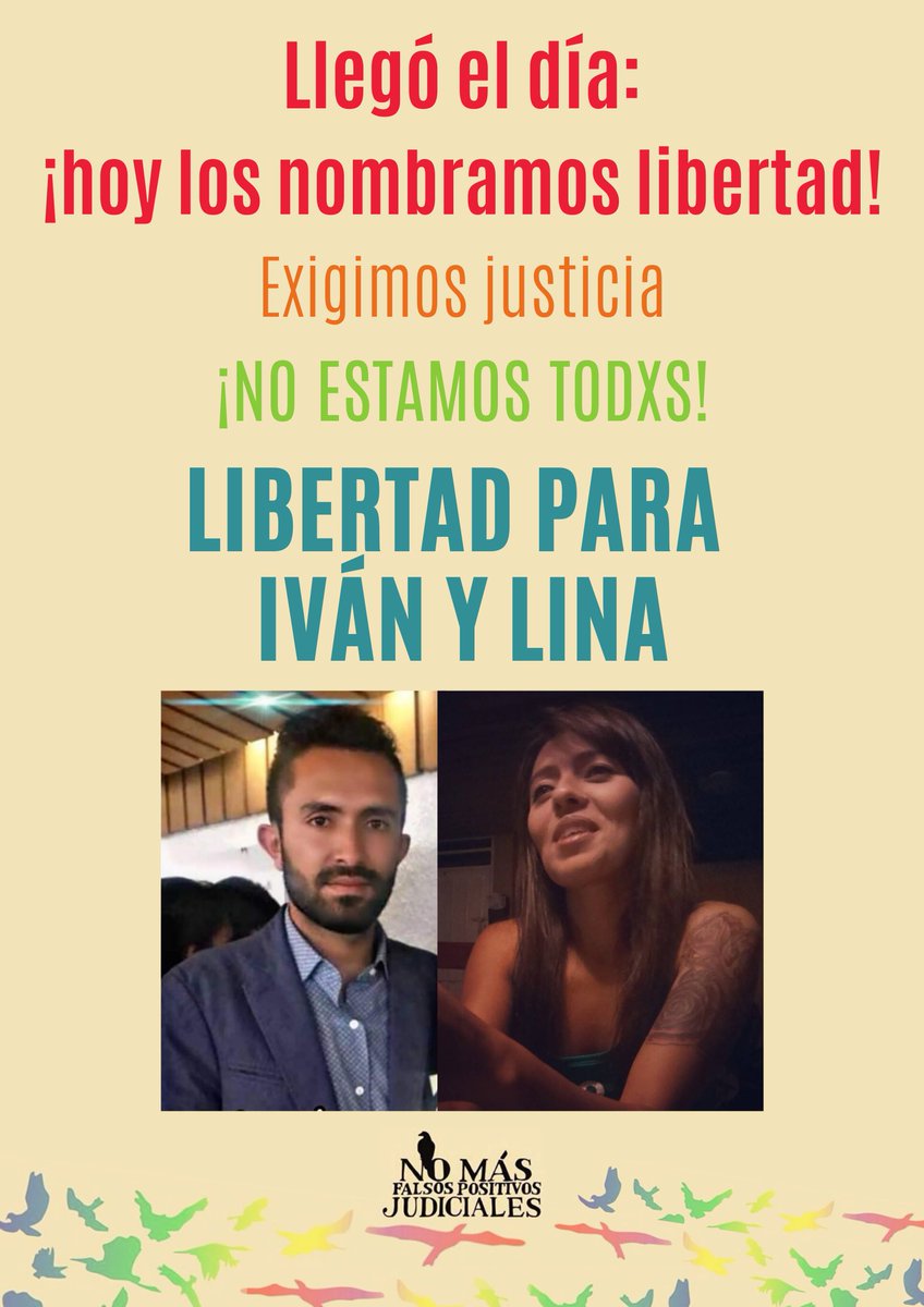 InocentesLibres's tweet photo. Después de más de tres años de montaje judicial, acá seguimos, exigiendo se haga justicia y esperando la libertad de las demás personas que hoy están detenidas. La esperanza y la alegría jamás nos serán arrebatadas.

¡Libertad para Lina e Iván! https://t.co/bHOykCRS9Q