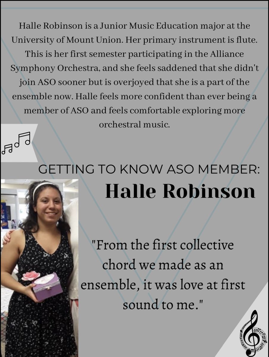 At this time of separation from the orchestra, our members have reflected on their experiences with music and the Alliance Symphony. Meet flutist Halle Robinson. <a href="/mountunion/">Univ. of Mount Union</a>