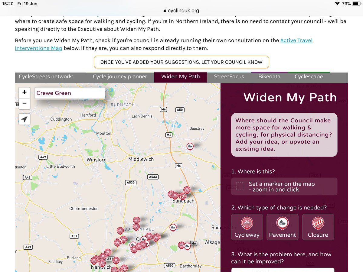 <a href="/ourmiddlewich/">Middlewich</a> can you rt this link to an excellent mapping tool to show what improvements are needed now for social distancing. There are no comments for Middlewich yet.
cyclinguk.org/covid-19-safe-…
