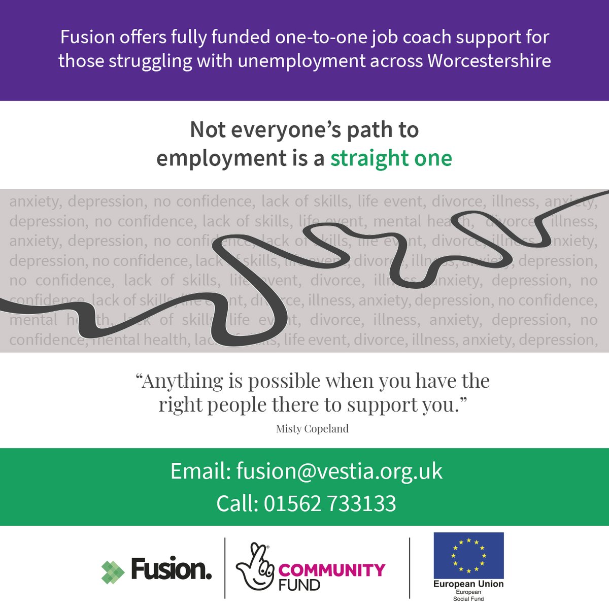The road to #employment is not straight forward for everyone. We are here with fully funded one-to-one support to help you to believe in yourself. Call 01562 733133 or email fusion@vestia.org.uk
<a href="/TNLComFund/">The National Lottery Community Fund</a> #tnlcomfundesf