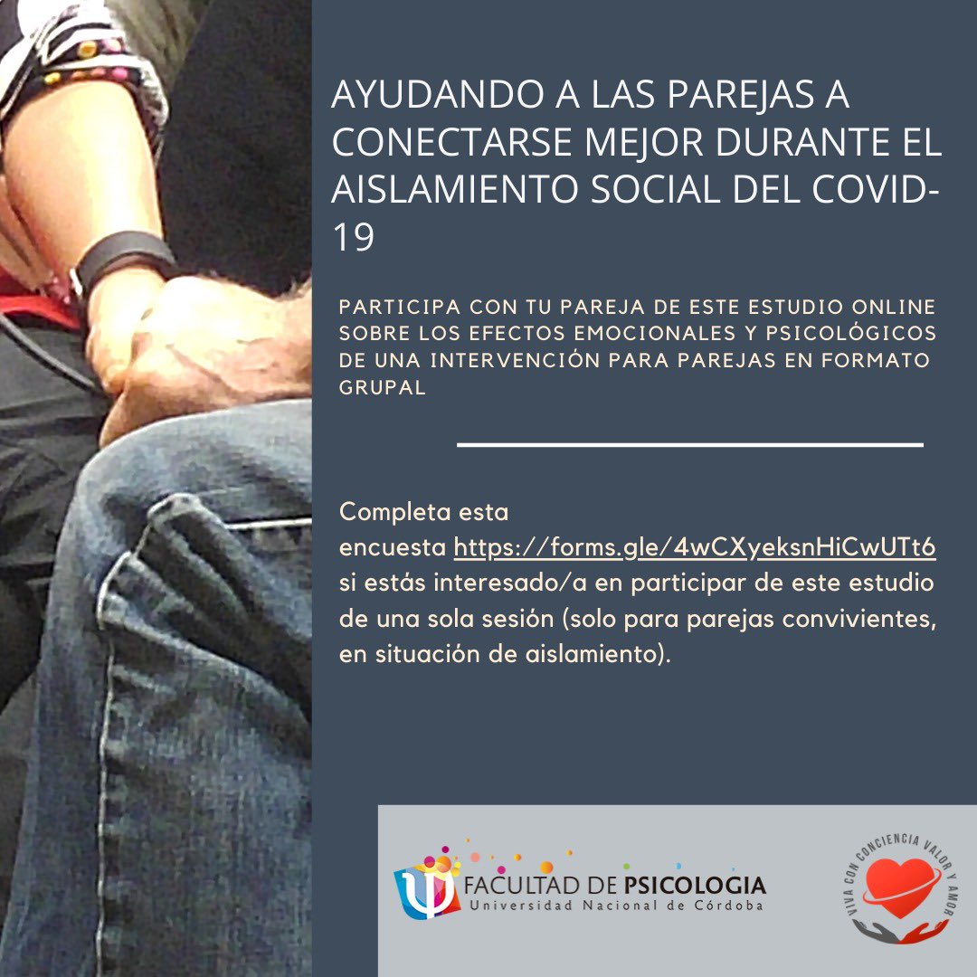 ESTÁS EN AISLAMIENTO CONVIVIENDO CON TU PAREJA? Te invitamos a participar de esta encuesta forms.gle/4wCXyeksnHiCwU… y de una única intervención online de manera grupal.
Criterio para participar: parejas convivientes, de Cba capital o CABA, que no estén trabajando fuera del hogar.