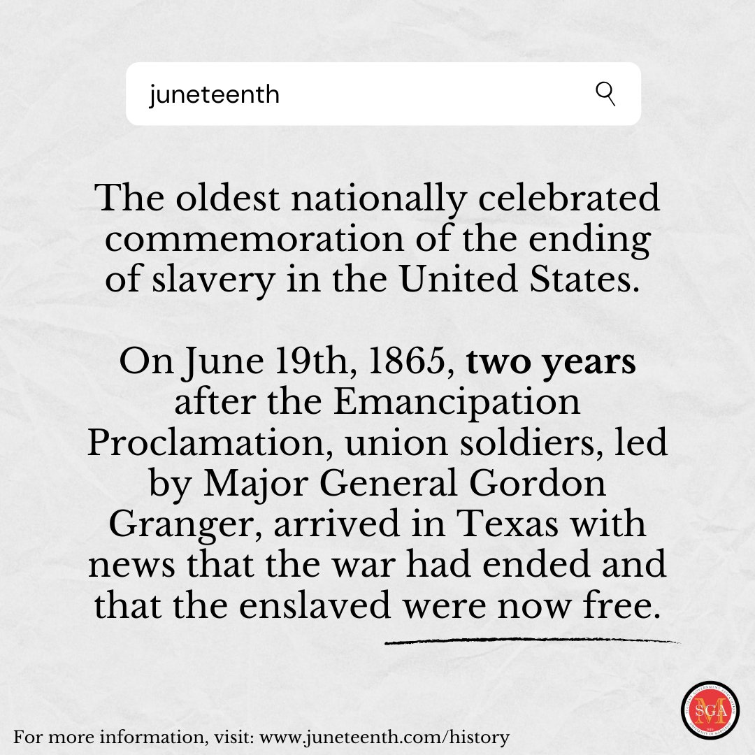 UMDSGA's tweet image. Today is the 155th #Juneteenth! Today, we celebrate African American history and reflect on the work that still needs to be done to ensure freedom in our country.
