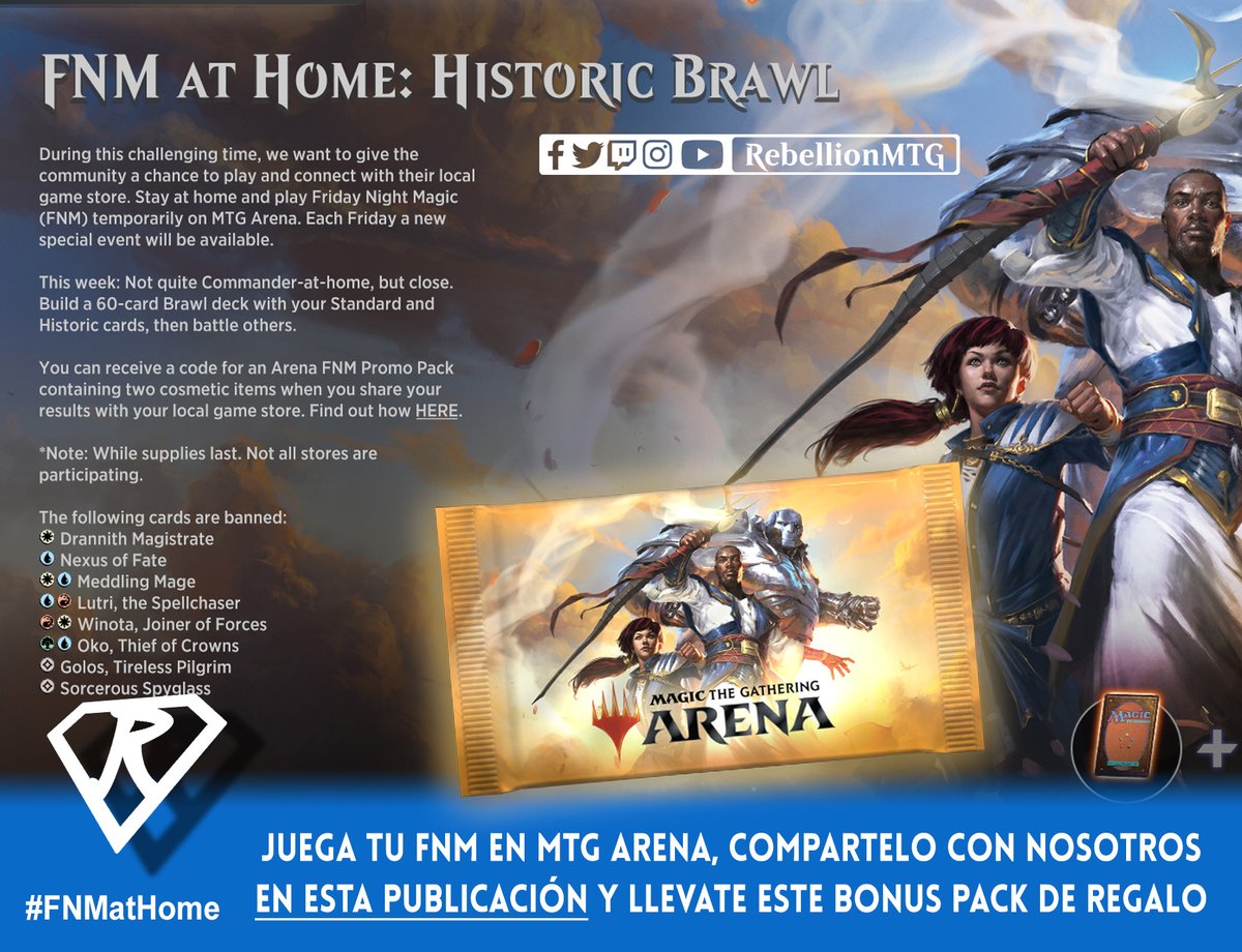 RebellionMTG's tweet photo. Nuevo viernes, nuevo #FNMatHOME en @MTG_Arena. Esta vez tenemos que jugar Historic Brawl para conseguir esas dos mejoras estéticas que pueden ser Fundas, máscotas, etc.

¡no dejes de compartir tus victorias en esta publicación!

#rebellionMTG https://t.co/9Y0za2WnwJ