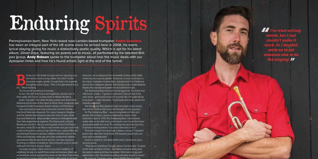 AndreCanniere's tweet photo. Really grateful to @Jazzwise for featuring me in the July issue. I talk about my latest album Ghost Days, and the poetry behind the music. Go out and grab a copy or subscribe to their digital edition to read the whole article. #jazz #jazzwise #poetry #trumpet #music https://t.co/RGzeH9TsrV