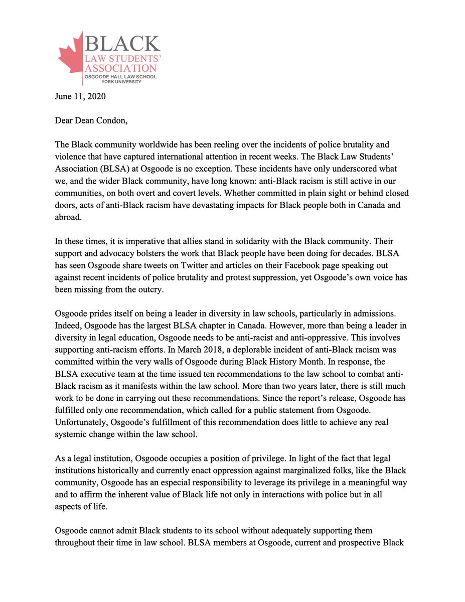 BLSAOsgoode's tweet photo. BLSA has released a letter to Osgoode and Dean Mary Condon. This is Osgoode’s time to show up and be accountable not only to the Black students it admits but to the Black community and Canada and abroad. A link to the full letter can be found on our website. https://t.co/kVLlT9sApY