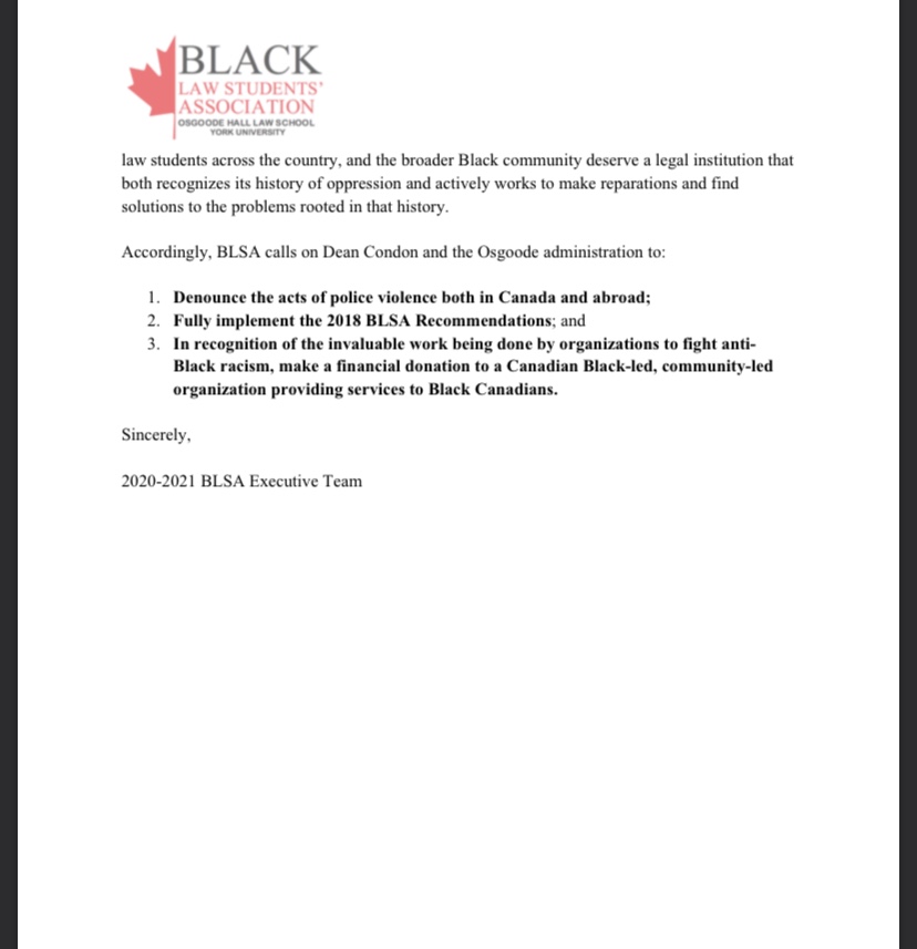 BLSAOsgoode's tweet photo. BLSA has released a letter to Osgoode and Dean Mary Condon. This is Osgoode’s time to show up and be accountable not only to the Black students it admits but to the Black community and Canada and abroad. A link to the full letter can be found on our website. https://t.co/kVLlT9sApY