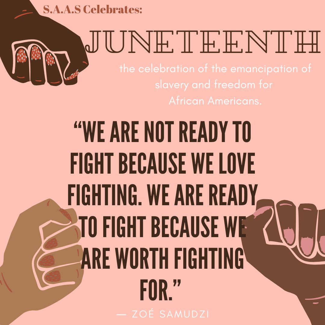 GSU_SAAS's tweet photo. Today we celebrate our blackness! We celebrate that on June 19th, 1865, TWO YEARS after the Emancipation Proclamation was issued, the last of our enslaved ancestors were set free. 

Happy Juneteenth to all black people nationwide ✊🏾✊🏿✊🏽 #BlackLivesMatter 
#SouthernNotState https://t.co/7VsF9BPMFe
