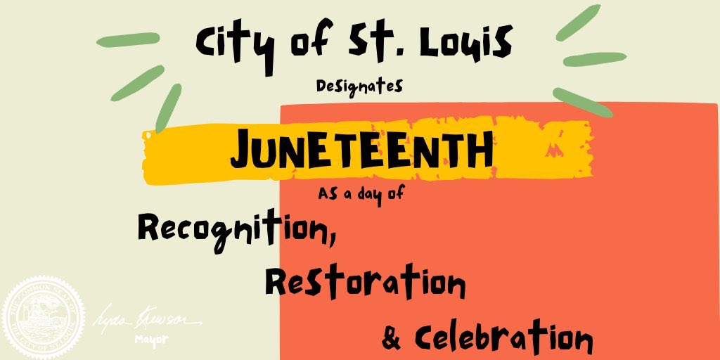 STLCityGov's tweet image. Mayor @LydaKrewson has signed a proclamation declaring 6/19/2020, and every June 19 hereafter, as "Juneteenth Day" in the City.

We're proud to join our African American residents, neighbors, and business owners in marking this as a day of recognition, restoration &amp;amp; celebration.