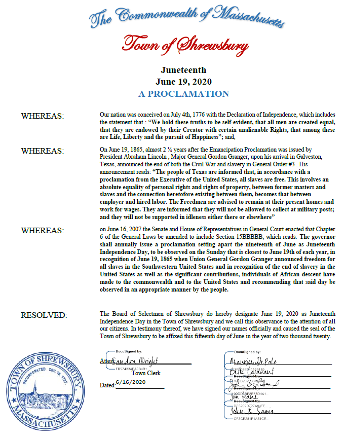 ShrewsburyMAGov's tweet photo. The Board of Selectmen have proclaimed today, June 19th, 2020 as "Juneteenth" in the Town of Shrewsbury. Click here for more info: https://t.co/Jj9v3KAx5w https://t.co/Sau6T5INNN