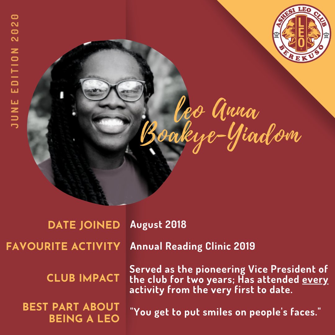 THE LEO HIGHLIGHT SERIES IS ON! One month, one spotlight, one volunteer. Which Leo has made the cut to our maiden edition? 

Ladies and gentlemen, THE LEO OF THE MONTH is... Leo Anna Boakye-Yiadom! Thank you for your selfless service and leadership.

#AshesiLeos 
#WeServe