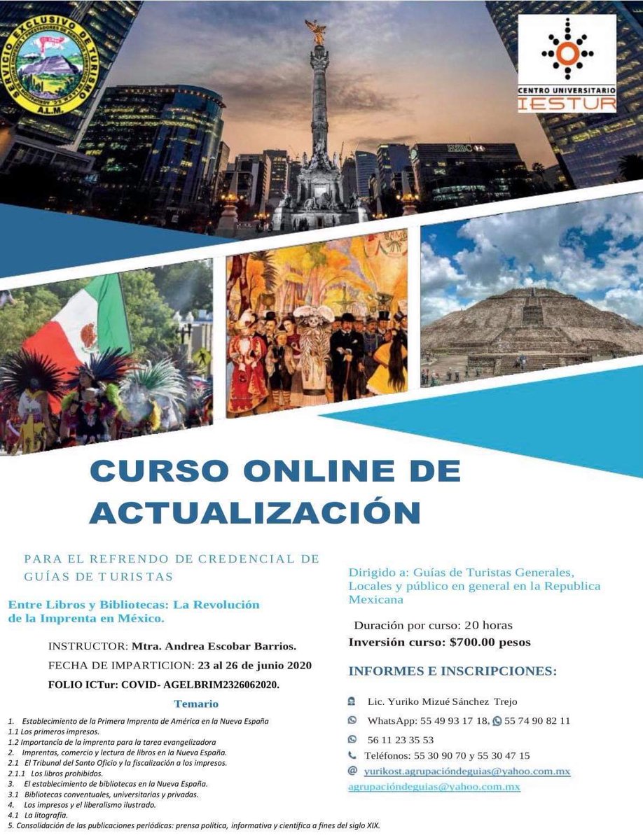 📌 #AtentaInvitación | La <a href="/AgrupacionALM/">agrupaciondeguiasalm</a> invita a su Curso Online de actualización para el refrendo de credencial de #GuíasDeTuristas impartido por la Maestra Andrea Escobar Barrios <a href="/IESTUR/">Centro Universitario IESTUR</a>
Más información: 👇😉 <a href="/YurikoMizue/">Yuriko Mizue</a> <a href="/MartinVallejoR2/">Martin Vallejo Ramirez</a> 
📞 55309070
¡Inscríbete!