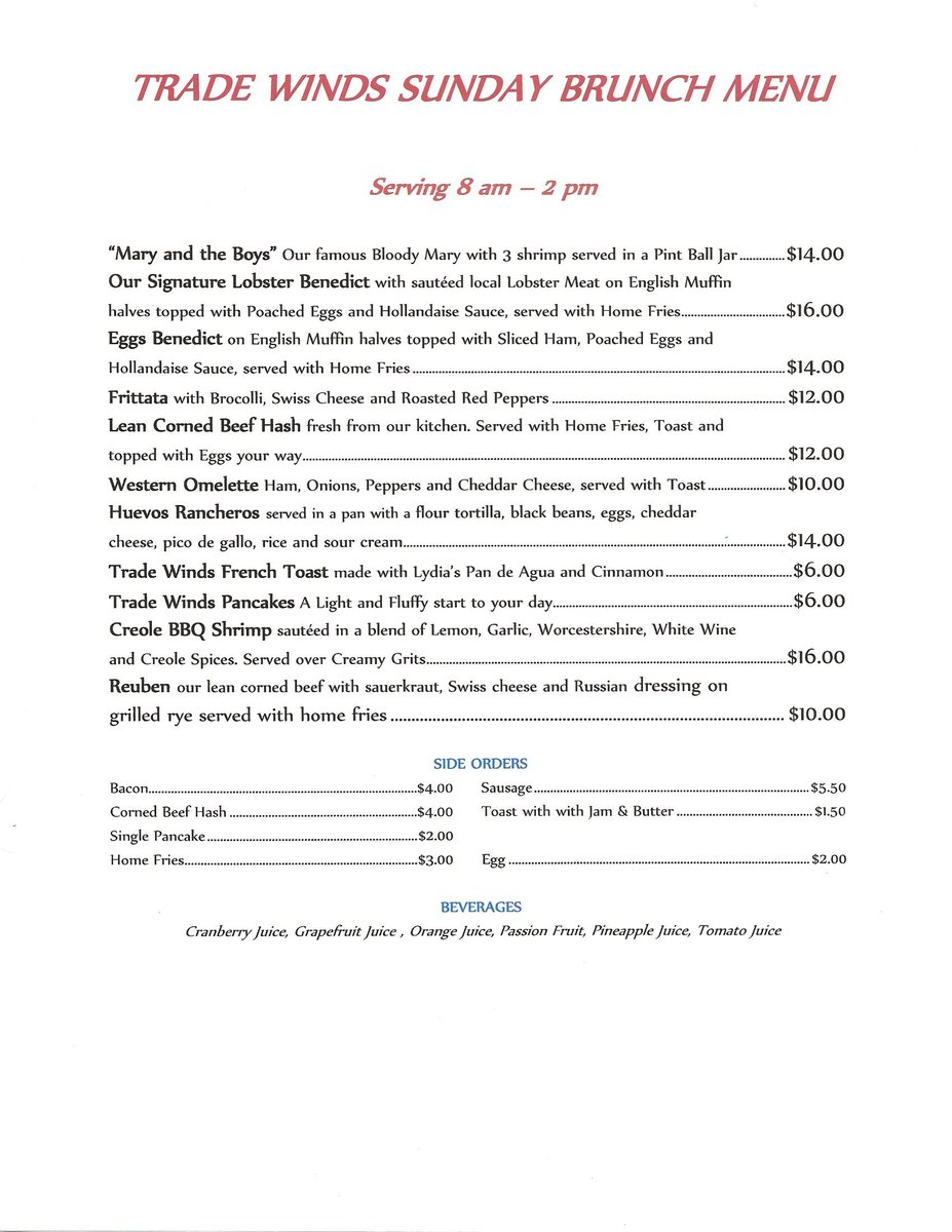 winds_trade's tweet photo. Come join us this Sunday for Trade Winds Traditional Sunday Brunch from 8am to 2pm.  For reservations, please call or text 787-672-9927, email tradewindsvieques@gmail.com.  Walk-ins welcome!  Scan QR Code for our menu. https://t.co/TU3YTVGKrV