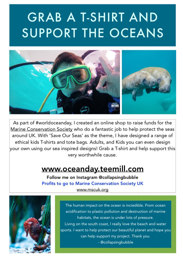 One of my pupils was so inspired by #WorldOceansDay and his love of the ocean he decided that he wanted to make a difference. He designed a website where you can buy good quality, affordable and sustainable t-shirts with proceeds going to <a href="/mcsuk/">Marine Conservation Society</a> 
👀🌎 oceanday.teemill.com