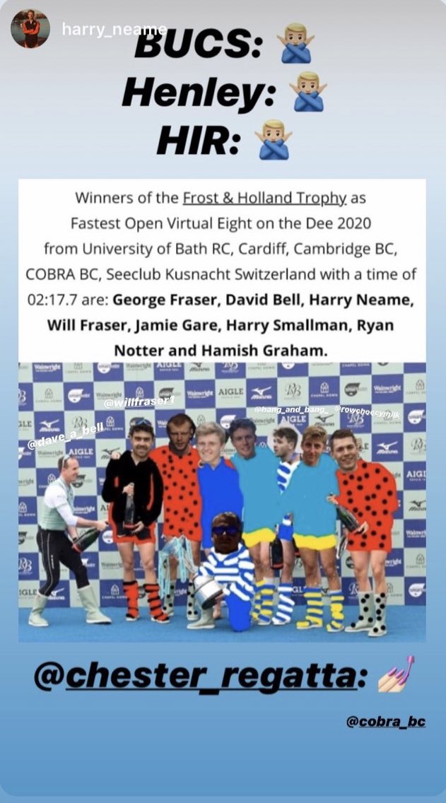 Love this image! 👏 👏
🏆Frost &amp; Holland Trophy🏆Winners
Fastest Virtual VIII on the Dee 2020 #ChesterVirtualRegatta 
Well done <a href="/RowCardiffUni/">Cardiff Uni Rowing</a> COBRA BC <a href="/CrewBath/">CrewBath</a> <a href="/CUBCsquad/">Cambridge University Boat Club</a> Seeclub Kusnacht🇨🇭<a href="/HerefordRC/">Hereford Rowing Club</a>

Who’s coming to challenge them in 2021 when they defend their title? #rowing
