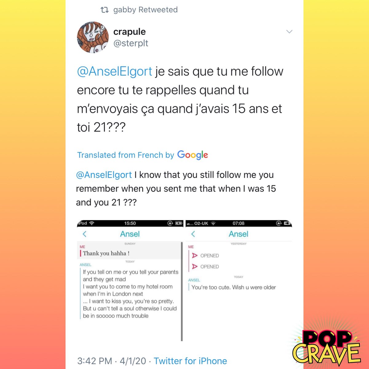 PopCrave's tweet photo. Woman comes forward with sexual assault allegation against #AnselElgort:

“I was only 17.” https://t.co/NofXkxVSpn