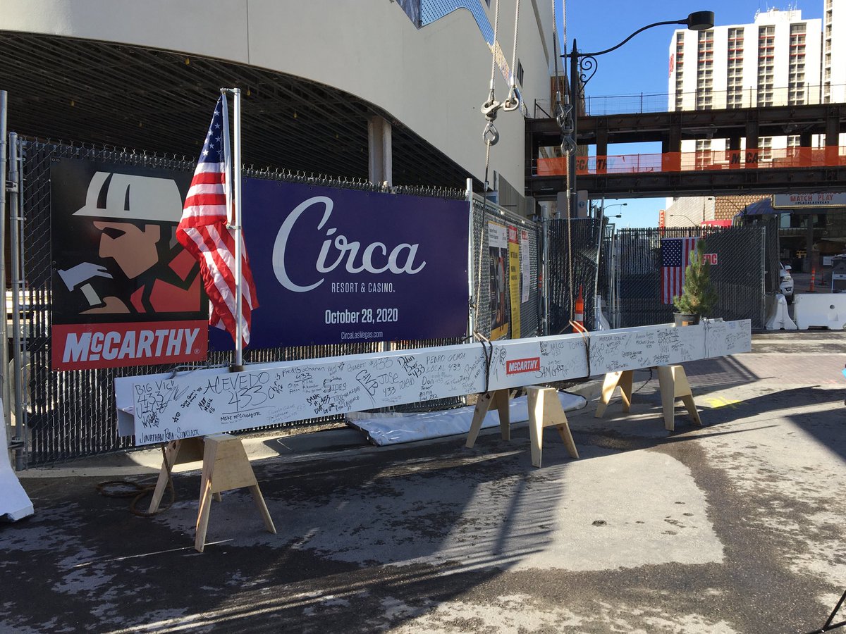Construction crews prepare to hoist the final beam to top off the new Circa hotel casino. #RJnow