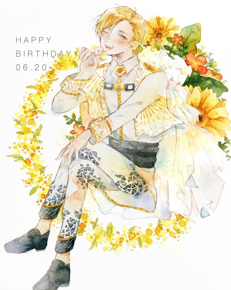 1boy male focus flower blonde hair solo happy birthday one eye closed  illustration images