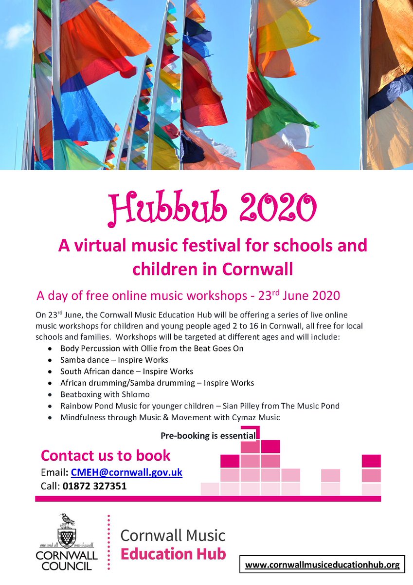 CMusicHUB's tweet image. Only a few days until our first online music festival for schools in Cornwall - 6,000 students signed up, lets hope technology is on our side next week!
A day of workshops with leading music educators @BeatGoesOnUK @inspireworksuk @SKShlomo #SianPilley #VirtualHubbub #Hubbub