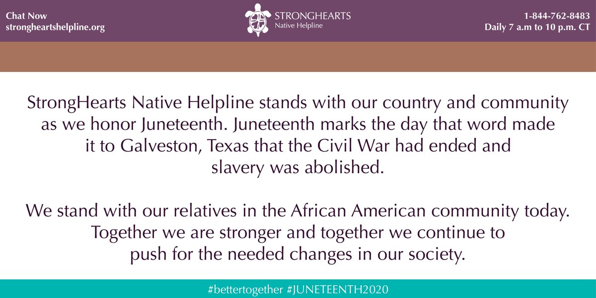 StrongHearts honors Juneteenth. We stand with our relatives in the African American community today. Together we are stronger and together we continue to push for the needed changes in our society. 

#bettertogether #JUNETEENTH2020 #nativecommunity #standwithyou