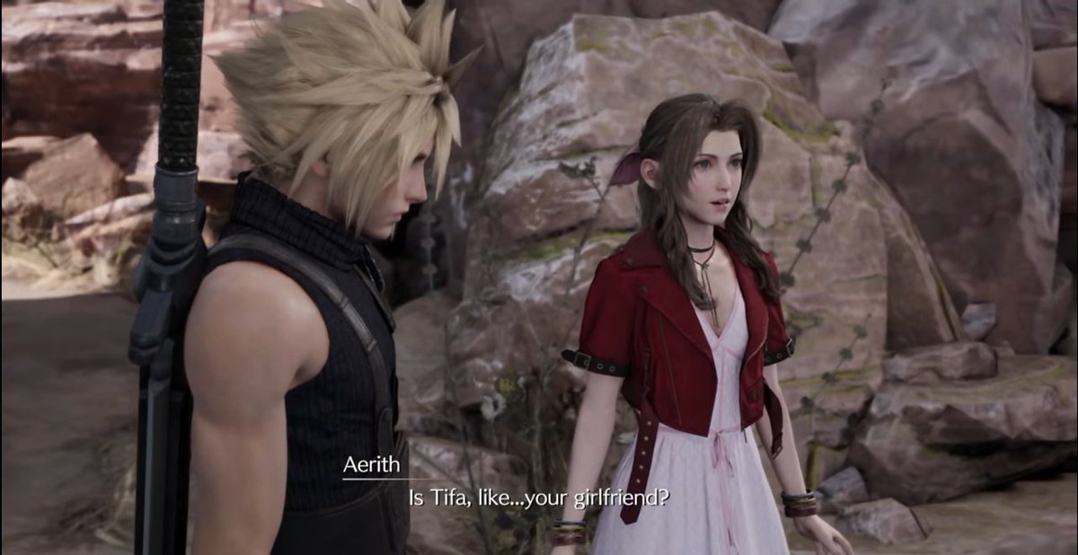 Cloud making sure Aerith knows that his single and ready to mingle with her.  #Clerith