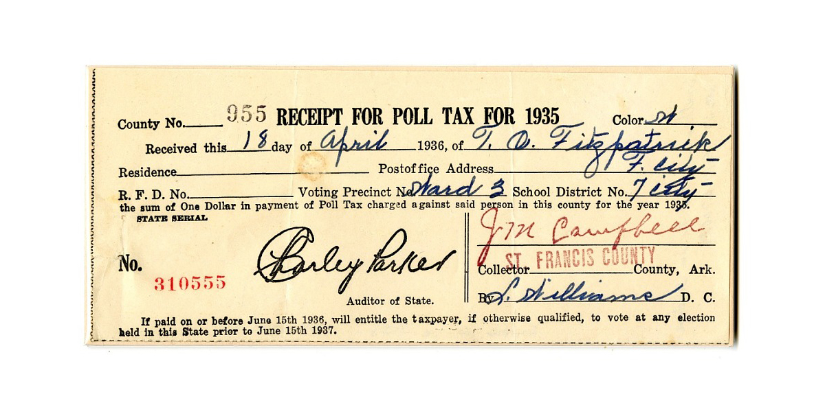 In addition to laws, violence, intimidation, restrictions like poll taxes, literacy tests, & whites-only primaries were used to keep African Americans from the polls.: Poll tax receipt, 1935