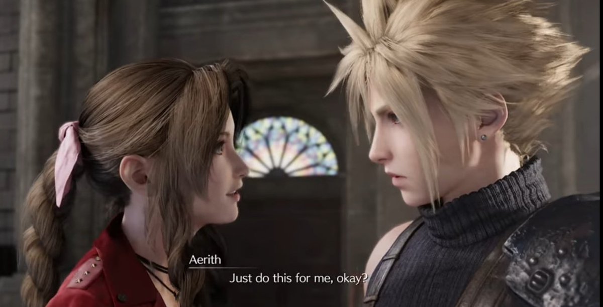 They get to know each other, Reno interrupts them, Aerith offering a job to Cloud as her bodyguard against the baddies, with date as a payment.  Little did he know that his not just gonna be a bodyguard until she gets home but for the rest of her life.   #Clerith