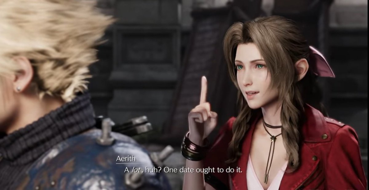 They get to know each other, Reno interrupts them, Aerith offering a job to Cloud as her bodyguard against the baddies, with date as a payment.  Little did he know that his not just gonna be a bodyguard until she gets home but for the rest of her life.   #Clerith