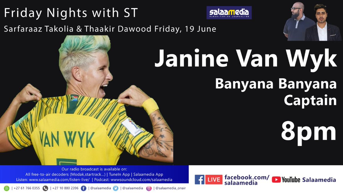 salaamedia's tweet photo. Catch Janine van Wyk, captain of Banyana-Banyana, on #FridayNightWithST on Salaamedia! @Janinevanwyk5

Tune in at 8:00 pm tonight! https://t.co/YhUFvpshCy