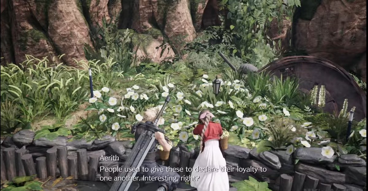 Picking flowers. And yes Cloud could pass as a flower boy, Aerith says so. This is the most wholesome and adorable moment in the game, actually the whole entirety of Ch.8 is pure Action, Romance JRPG.   #Clerith