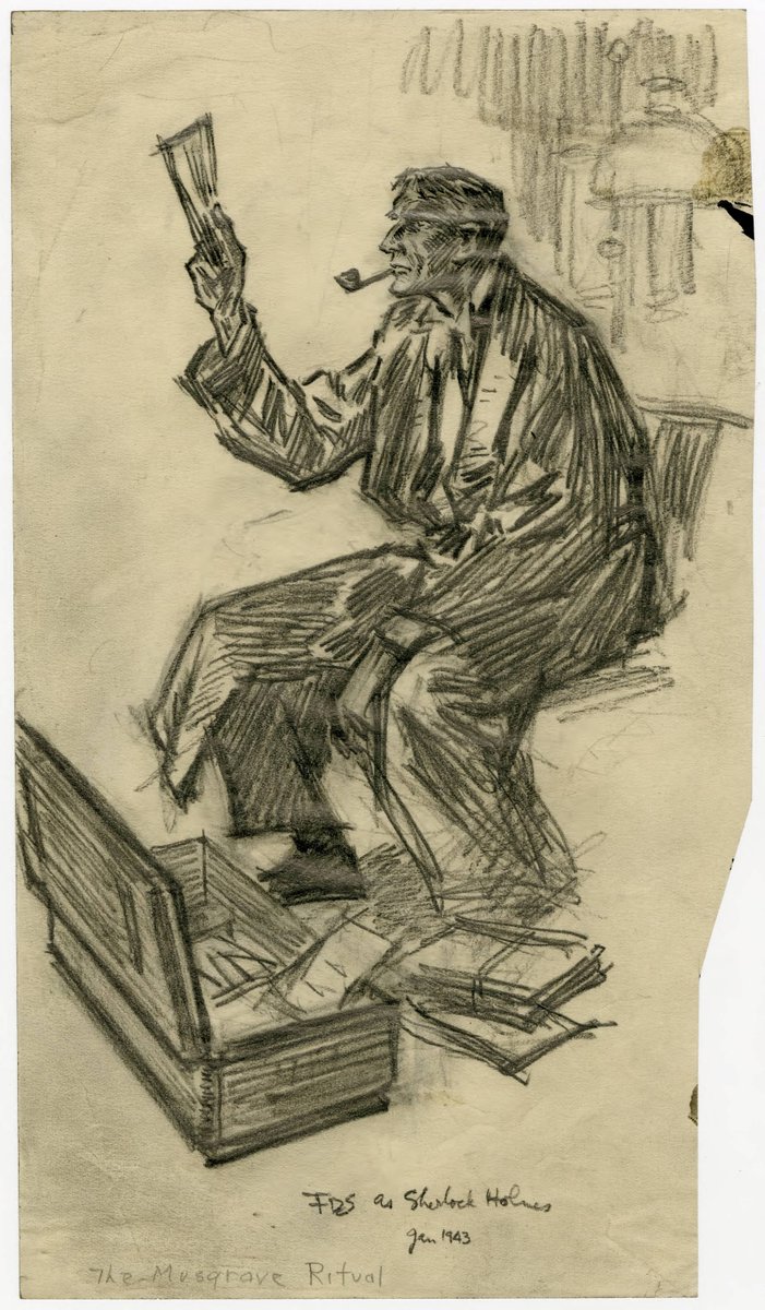 A meta portrait  @SherlockUMN  @umnlib, layers of Steele & Holmes? One caption reads "FDS as Sherlock Holmes Jan 1943." The other indicates a sketch for "The Musgrave Ritual." For now, we'll imagine that Holmes is reading Lincoln's Emancipation Proclamation.  http://purl.umn.edu/99036 
