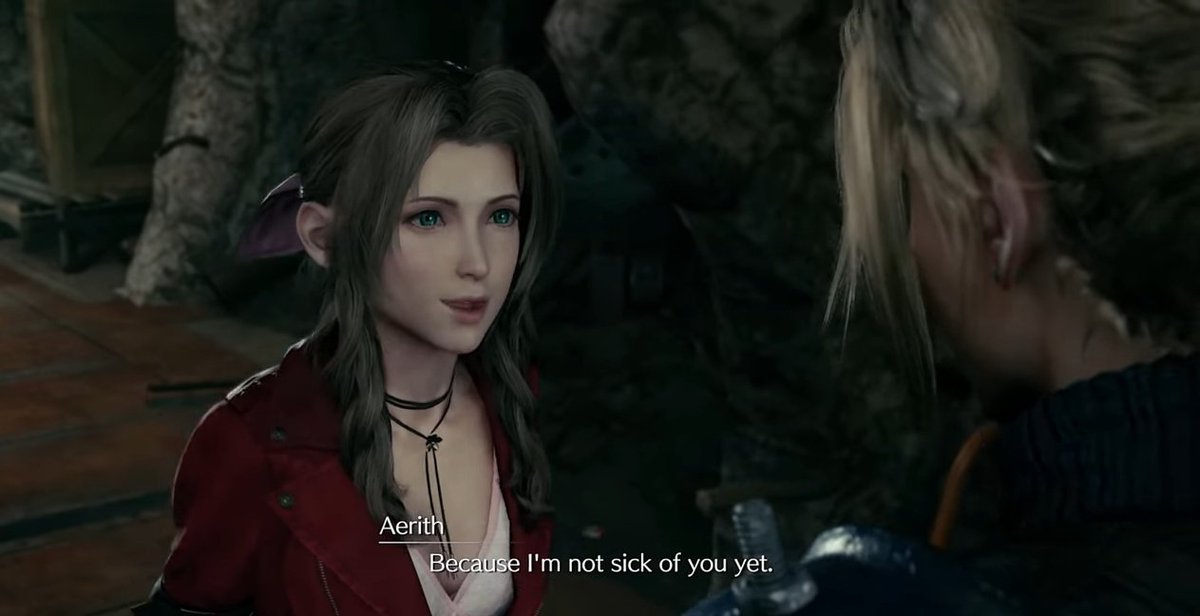 this scene made Cloud realize that Aerith wants to be with him and his smirk on that 4th pic shows that he is pleased or loving it also he broke his promise with Elmyra a while ago that he wont go with Aerith anymore, sorry elmyra but Cloud still has to get that date  #Clerith