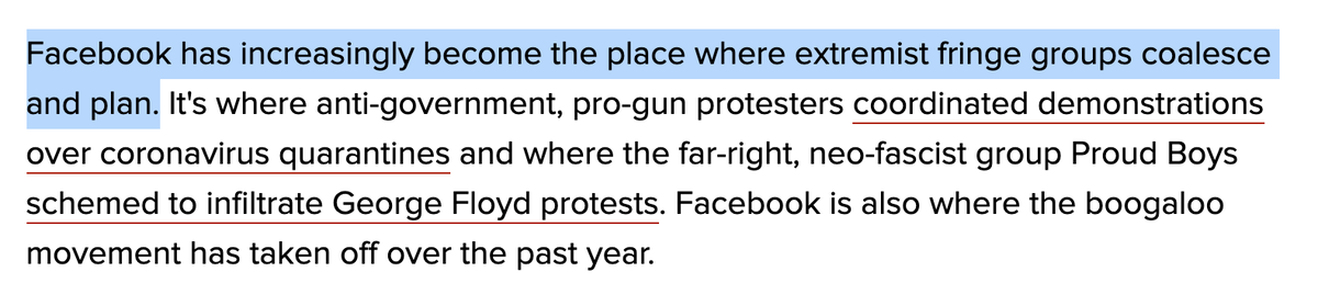 This  @CNET article muses about violent right-wing extremist groups flourishing on Facebook. Let's go into the top 5 reasons why, since folks who study this stuff have been throwing warning flares for literally YEARS. A ranty thread.