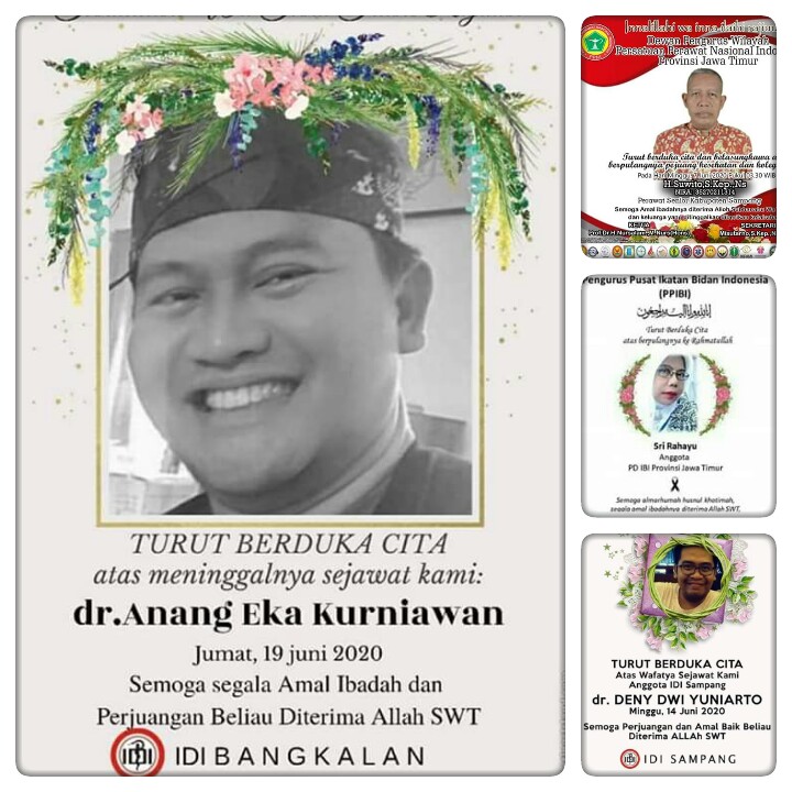 Innalillah, Semoga Allah terima amal ibadah mereka. Amin.

7 Juni 2020, Bpk Suwito (ayah) perawat senior di Sampang wafat. 

39 jam kemudian istri beliau Sri Rahayu, bidan, wafat.

15 Juni, anak kedua mereka, dr. Deni, wafat.

Hari ini 19 Juni, anak sulung, dr. Anang Eka, wafat.