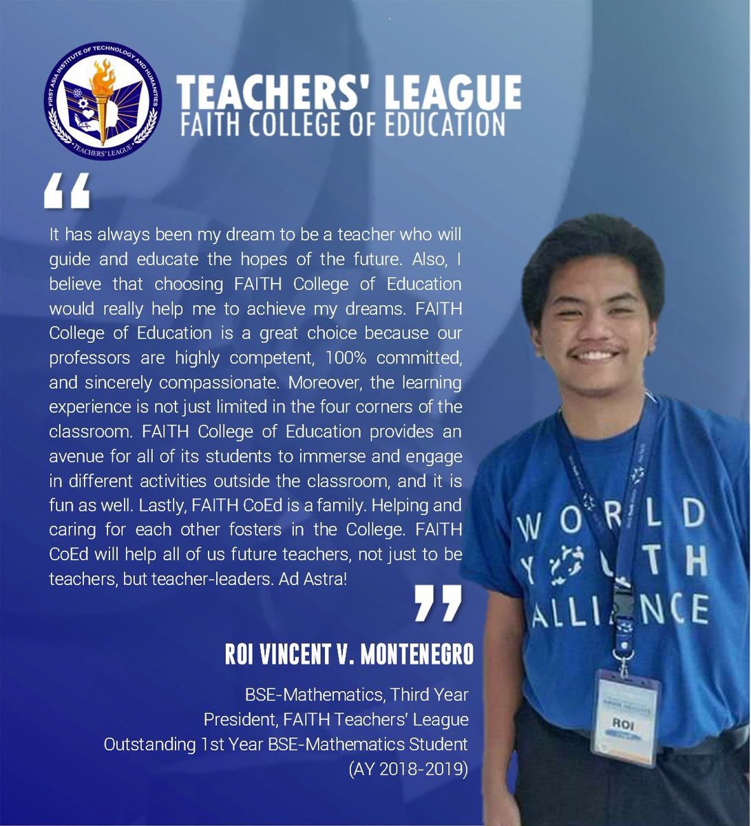 faithtlofficial's tweet photo. #StudentTestimonies #WhyFAITHCoEd

Roi Vincent Montenegro, a BSE-Math student-leader and an advocate, is one of the numerous excellent students of FAITH COED.

BE PART OF THE COED FAMILY!
Enrollment is ongoing!
#FAITHCoEd 

Graphics: Paul Darel Gumba (BSE-Eng) https://t.co/UxCSqcVJ5t