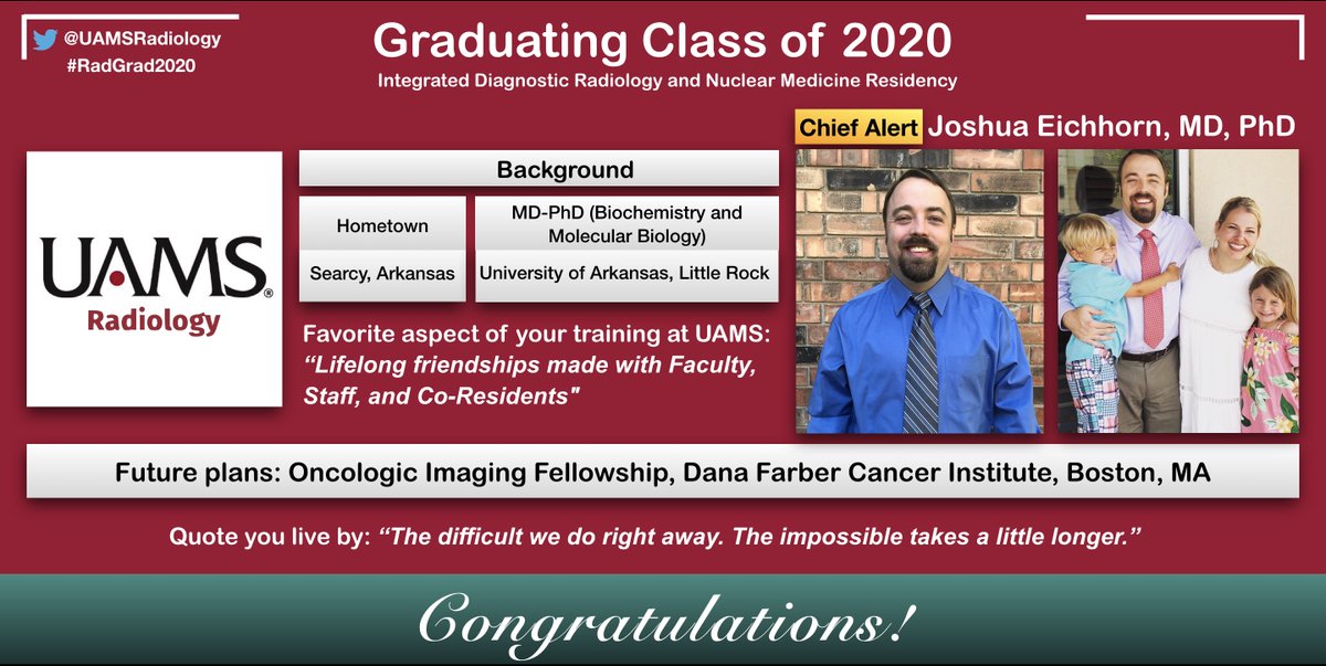 UAMSRadiology's tweet photo. Halfway there!
Day 4 of our #RadGrad2020 series: Today we celebrate our graduating #NuRad and Chief, Dr. Joshua Eichhorn, MD Ph.D.!
Congratulations on your graduation, Josh! Looking forward to having you back soon!
#RadRes @uamshealth @DrRoopaRam @jambhekark @archildrens https://t.co/j8Pj5f43Eh
