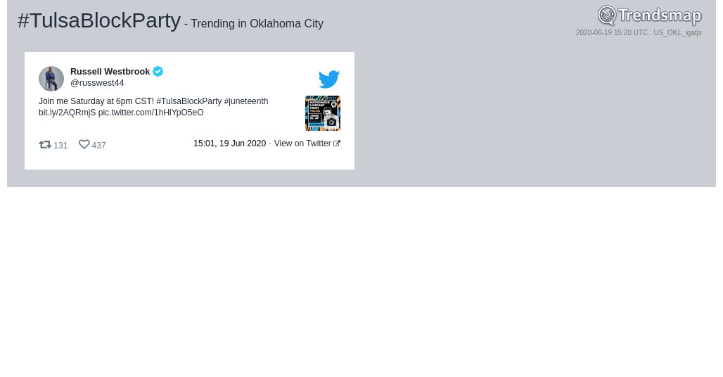 TrendsOKC's tweet photo. #tulsablockparty is now trending in #OklahomaCity

https://t.co/350GPPeu3B https://t.co/nqClxeowtx