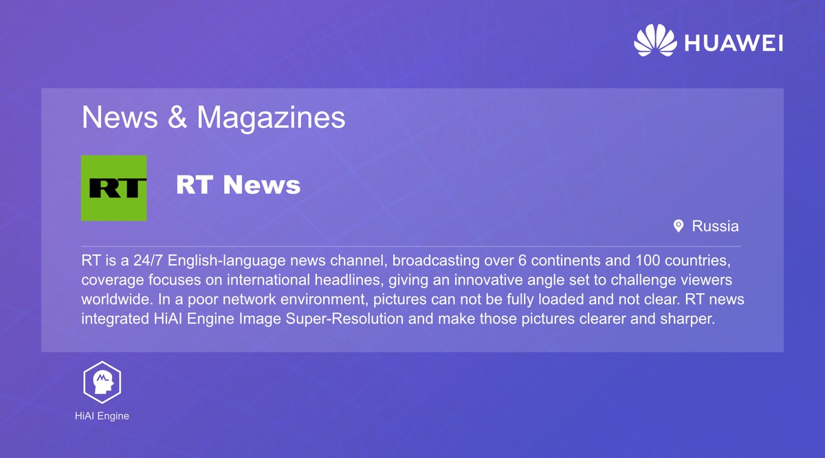 Huawei_devs's tweet image. Another great #HWDevCase for you! 🙌

English-language news channel RT reaches 100 countries 🌍

To guarantee great pictures, RT integrated HUAWEI HiAI Engine Image Super-Resolution 😀

Learn more here 👉 bit.ly/37thnSg 

#HMSCore #HuaweiDevelopers