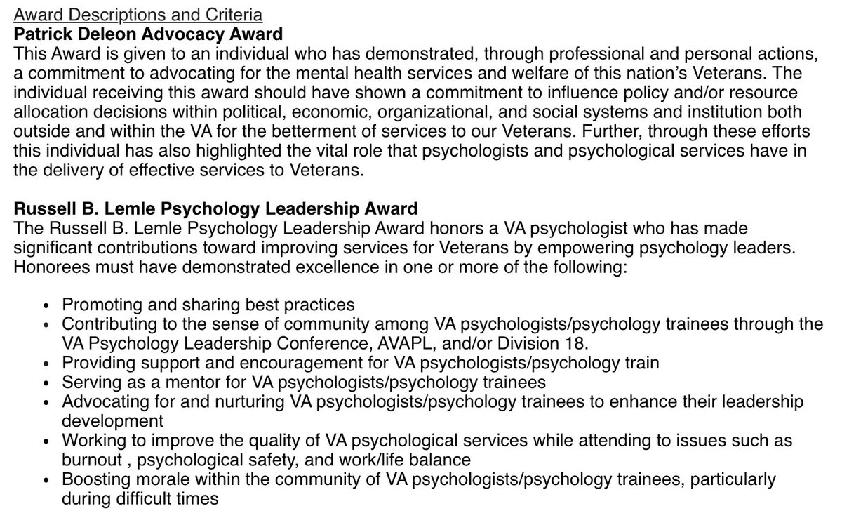 Is there a #VA #psychologist in your dept that keeps psychologists included in the VA &amp; #community? Is there one whose warmth, #mentorship &amp; responsiveness keeps you/ #trainees excited? Will you recognize their role in your life and the lives of #Veterans and trainees? Nominate!